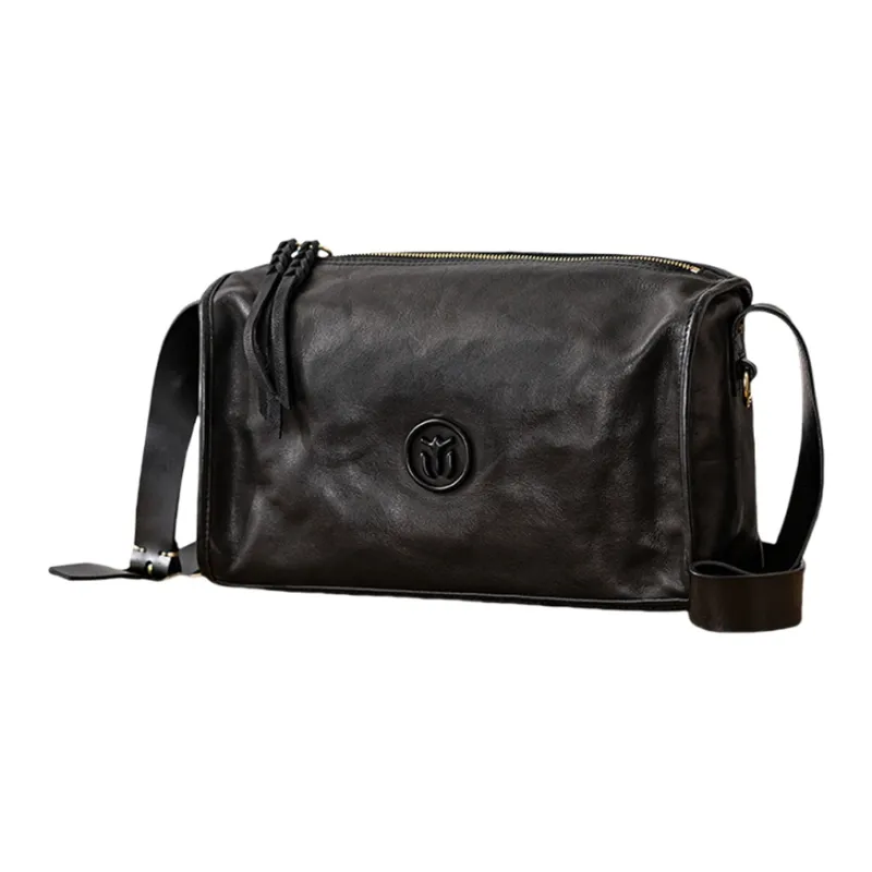 Back Step Top Grain Cow Leather Genuine Leather Vegetable Tanned Soft Leather Crossbody Bag Regular Unisex Black-1