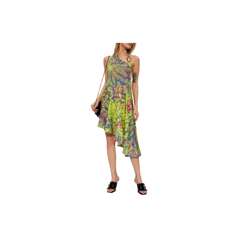 VERSACE JEANS Pattern Printed Halterneck Asymmetric Hem Dress-1