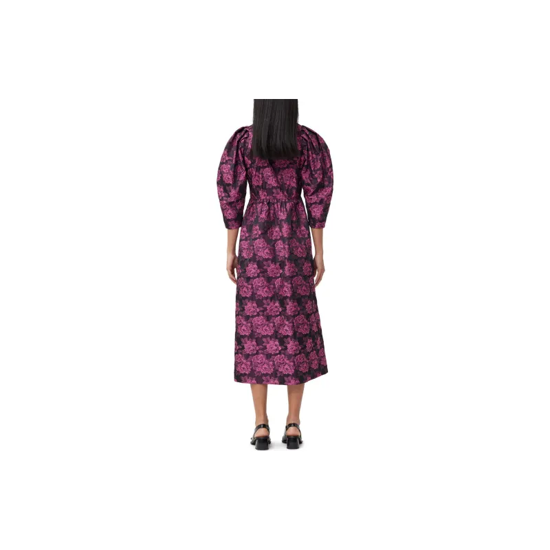 GANNI Botanical jacquard Puff sleeves Midi Dress-3