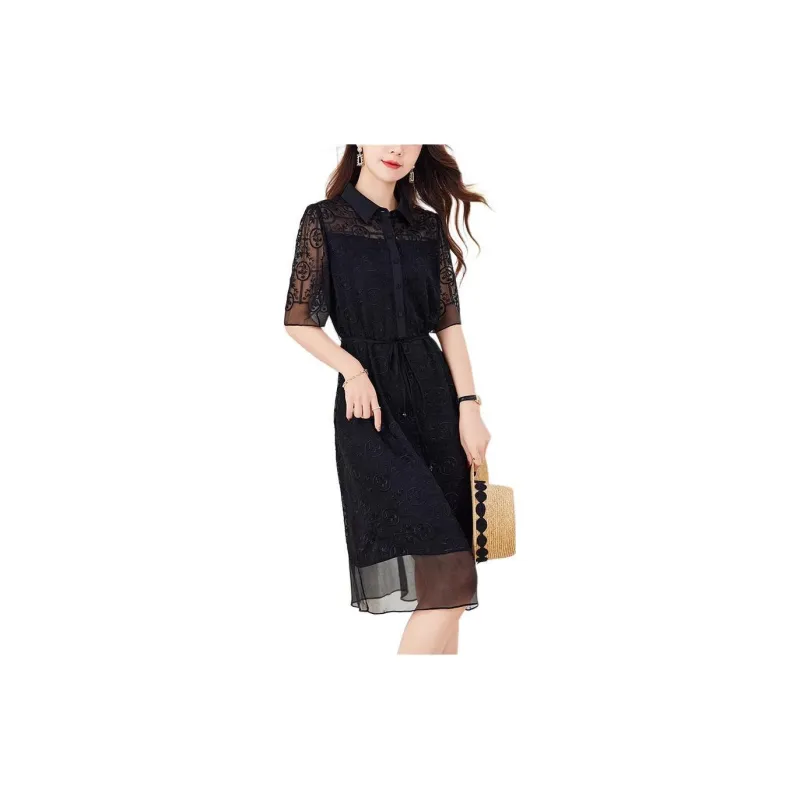 Yi Mengyuan Silk Short Sleeved Dress Women's Black-2