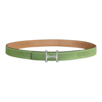 HERMES Palladium-Plated Leather Belts Unisex Green/Light Brown Width: 2.4cm