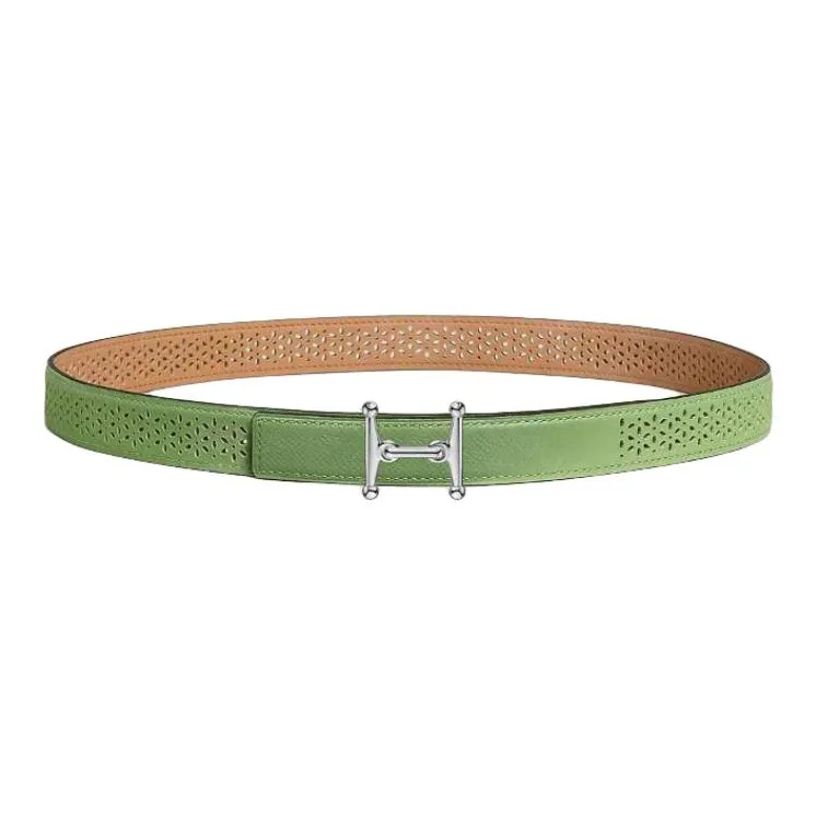 HERMES Palladium-Plated Leather Belts Unisex Green/Light Brown Width: 2.4cm-0