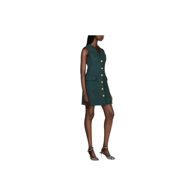 BALMAIN V neck Buttoned Tweed Minidress-3