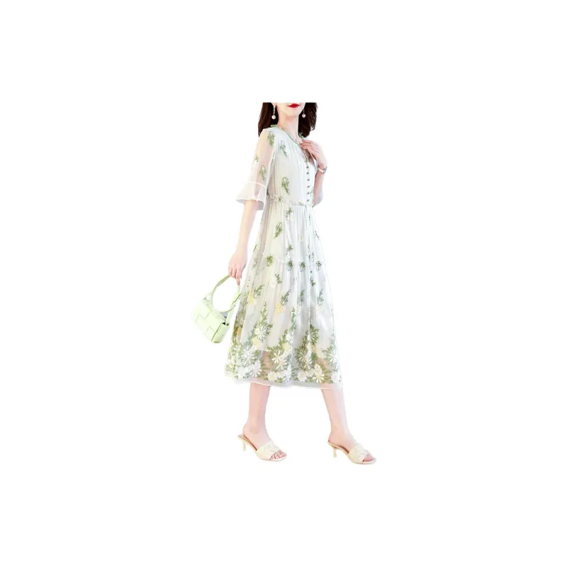 Yi Mengyuan Lace Up Silk Short Sleeved Dress Women's Green-6