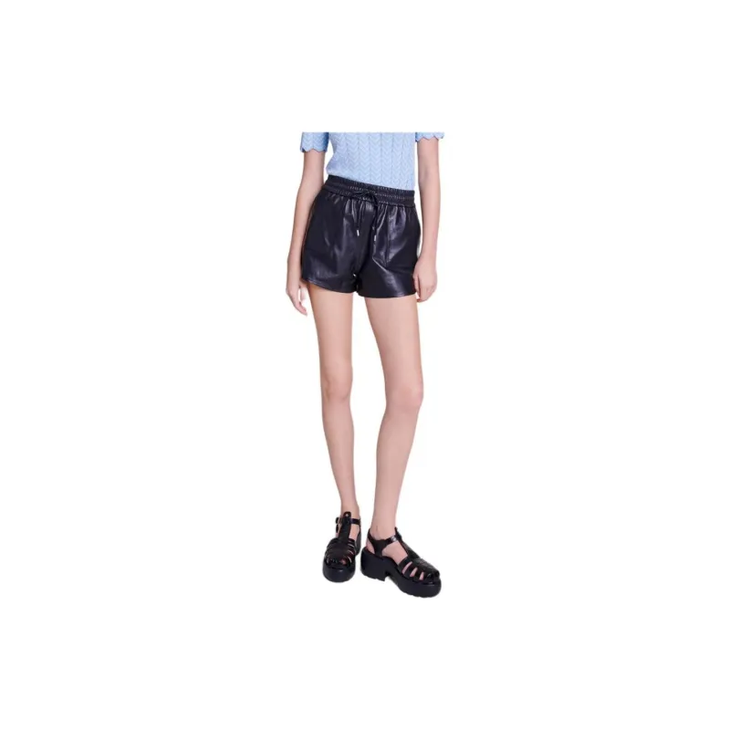 Maje Drawstring Leather Mini Shorts-1