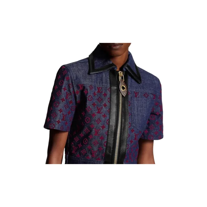 LOUIS VUITTON Flocked Monogram Denim Zip Up Dress-4