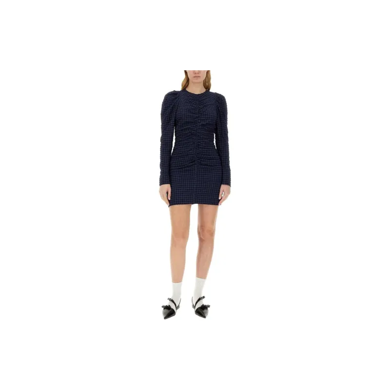 GANNI Gingham Printed Crewneck Seersucker Mini Dress-3