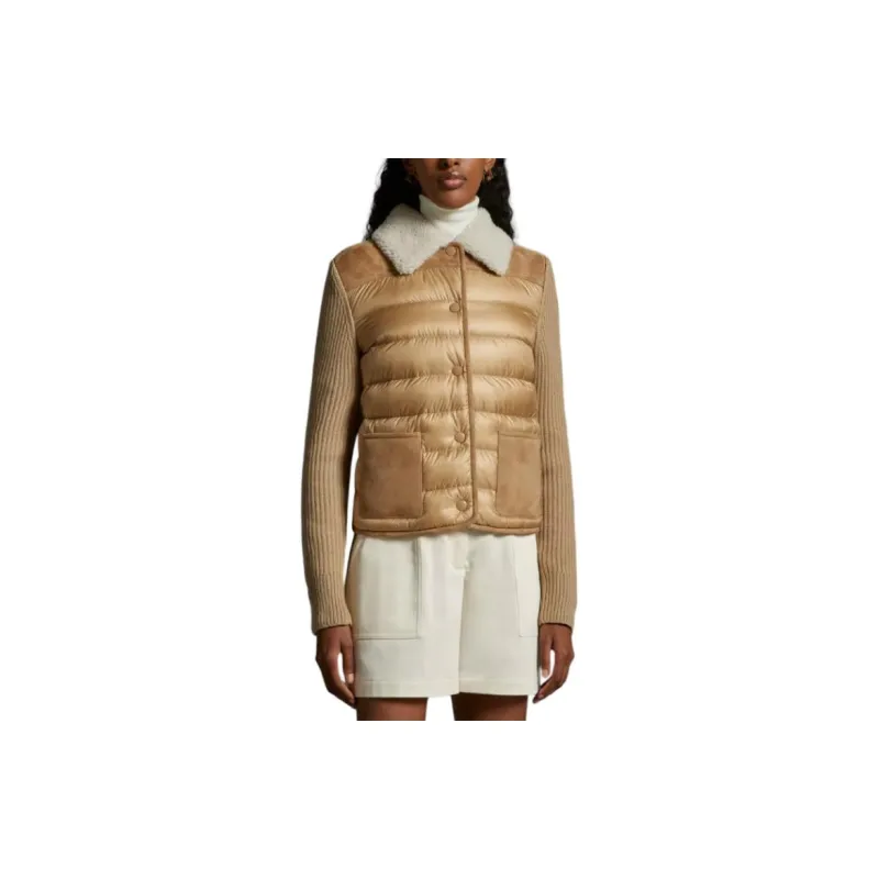 Moncler FW23 Padded Wool & Shearling Cardigan Knitwear Women's Beige-1
