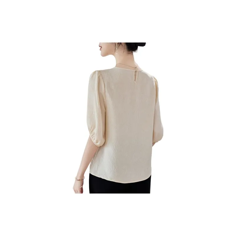 Yi Mengyuan Solid Color Crew Neck Slim Fit Elbow Length Sleeved Shirt Silk T shirt Women's-4