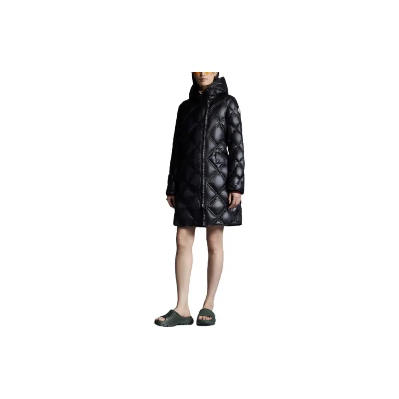 Moncler FW22 Solid Color Hooded Fitted Thickened Mid-Length Down Jacket Women's Black-3