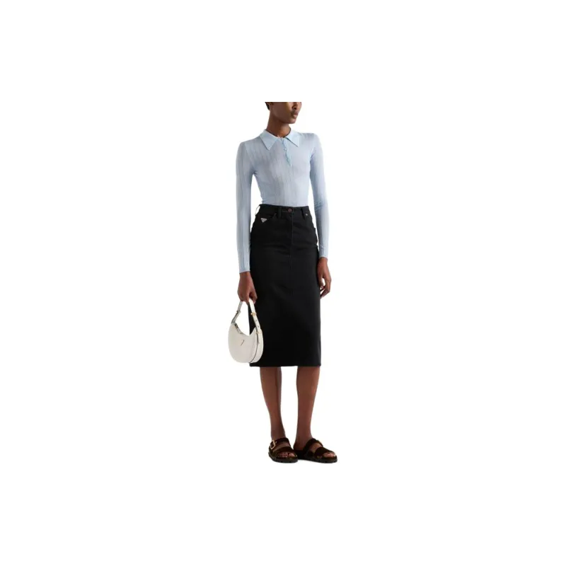 PRADA Logo Patch Slit Denim Midi Skirt-1