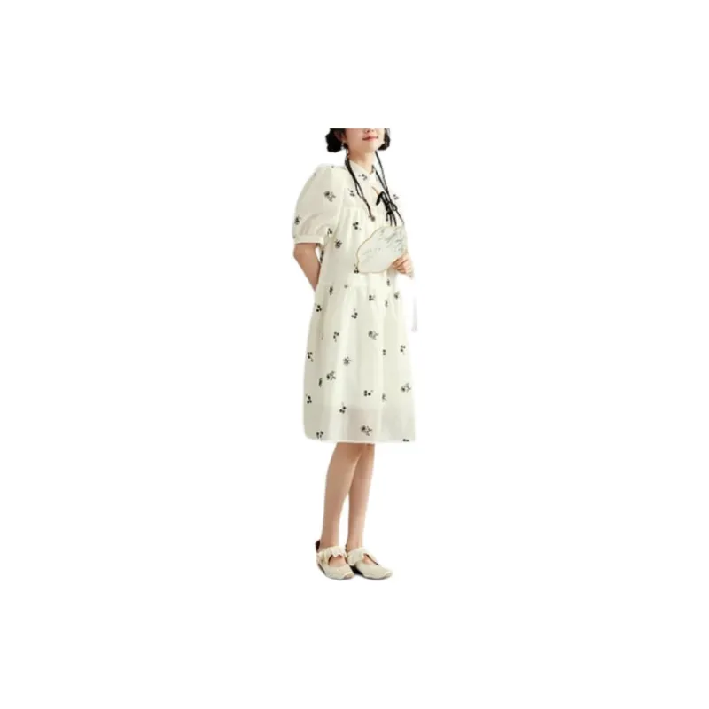 ZIHAN Short-Sleeved Dresses Women's Beige Base With Embroidery-3