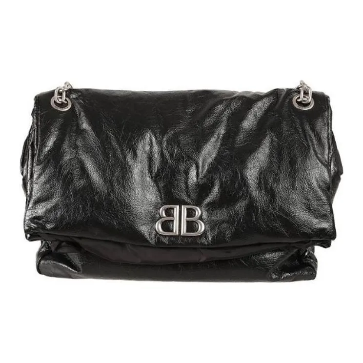 Balenciaga Monaco Chain Logo Patch Shoulder Bag Women's Black-0