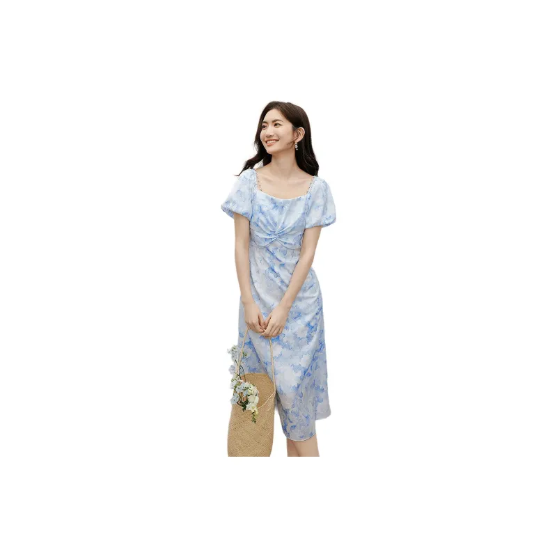 Hopeshow Short-Sleeved Dresses Women's Blue Flower-1