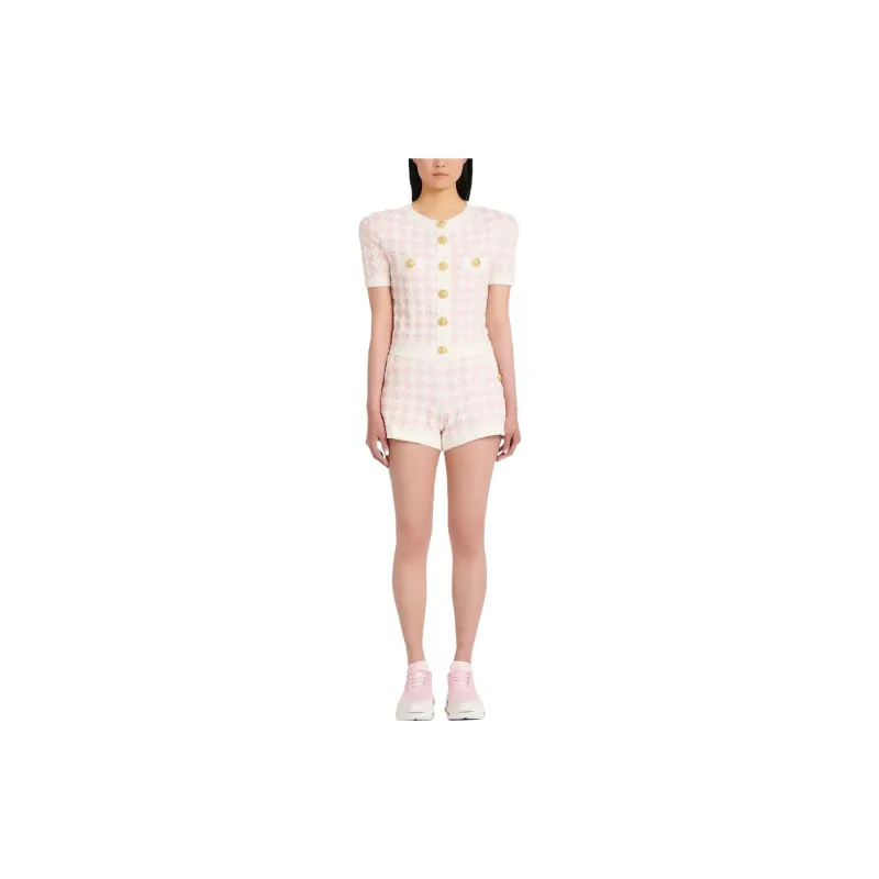 BALMAIN Houndstooth Light Tweed Shorts 'Rose'-3