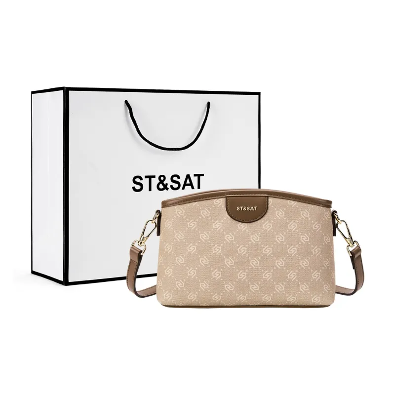 ST&SAT PVC With Synthetic Leather Crossbody Bag, Shoulder Bag Medium Size Women's Coffee/Apricot-4