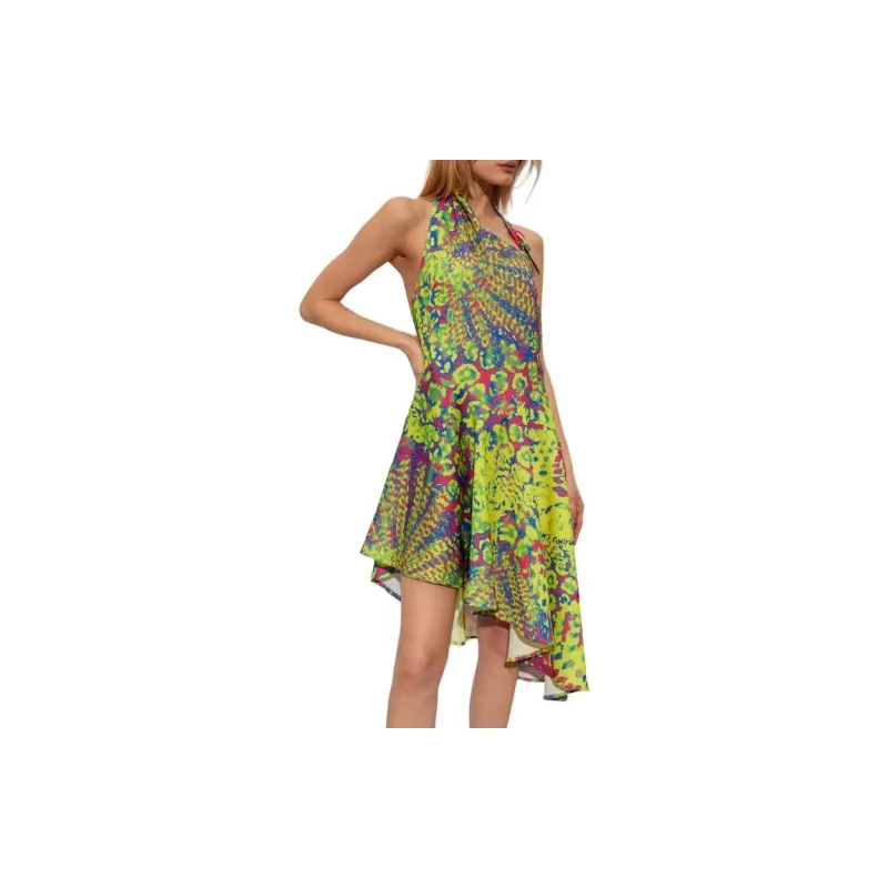 VERSACE JEANS Pattern Printed Halterneck Asymmetric Hem Dress-3
