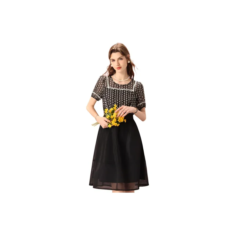 FENHONGMALI Short Sleeved Dresses Women's Black-1