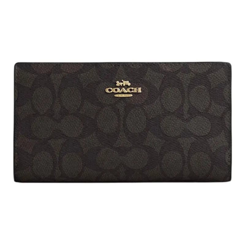 COACH SignatureCanvas Coated Canvas Wallet Trumpets Women's Walnut Wood & Black-0