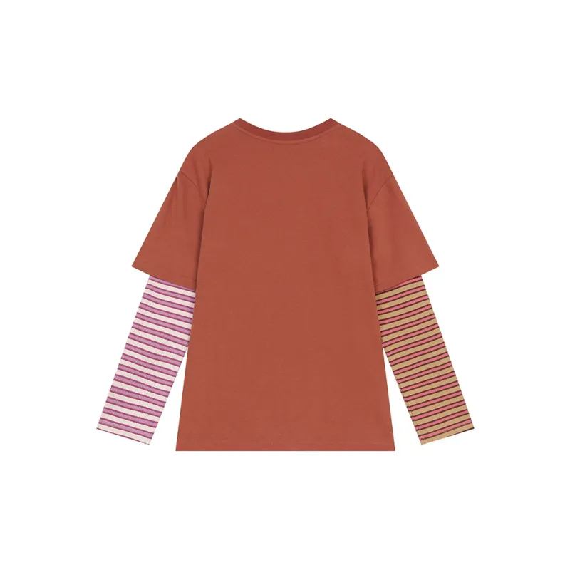 ELF SACK Color Block Stripes Patchwork Mock Two Piece T Shirt Women's-1