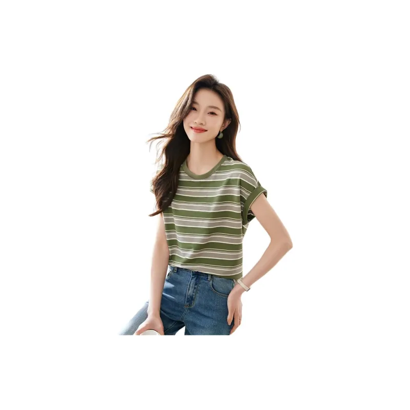 Mo Han Yi Mei Regular T Shirt Women's Green Stripes-2