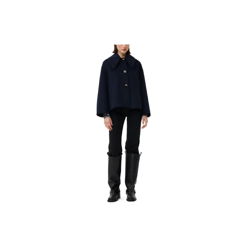 GANNI Blue Wool Wide Collar Jacket Jackets Coats Women's Marine Blue-1