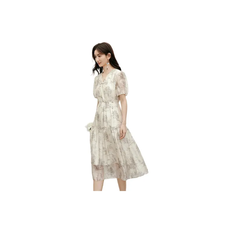 Hopeshow Short-Sleeved Dresses Women's Beige Base With Flowers-1