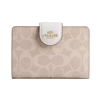 COACH Corner ZipSignature Coated Canvas Wallet Medium Size Women's Sand & Chalk