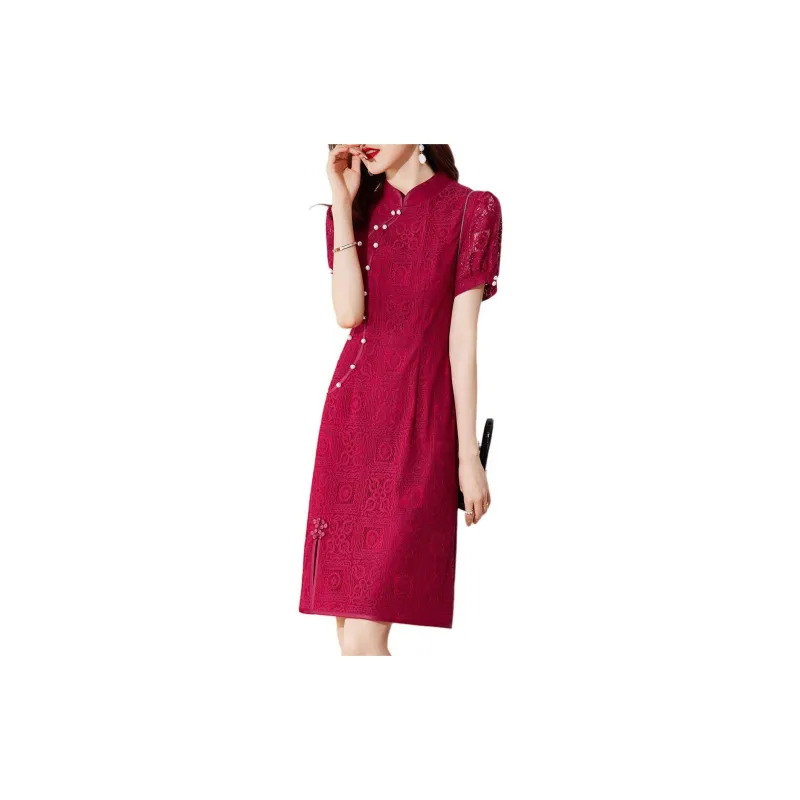 Mo Han Yi Mei Short Sleeved Dress Women's Red-2