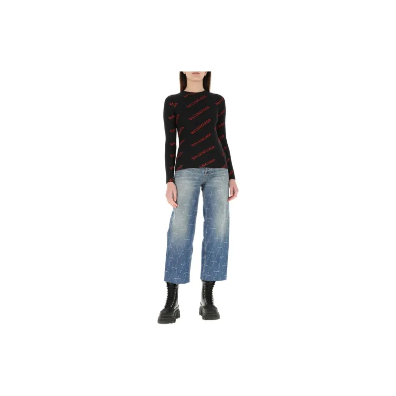 Balenciaga Logo Intarsia Crewneck Sweater 'Black/Red'-2