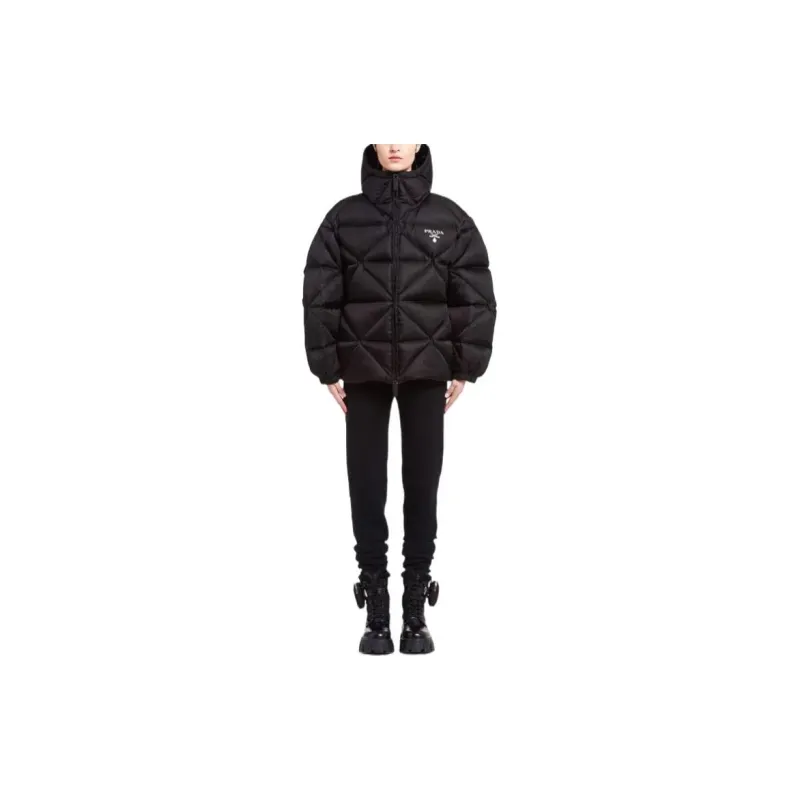 PRADA Letter Solid Color Hooded Loose Fit Down Jacket Women's Black-2