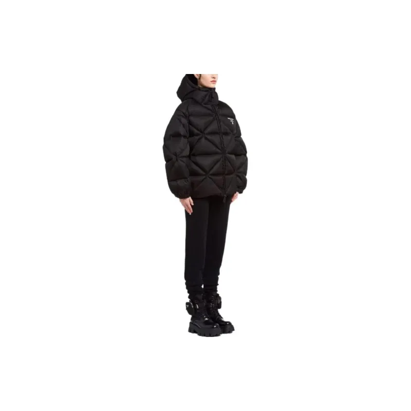 PRADA Letter Solid Color Hooded Loose Fit Down Jacket Women's Black-5