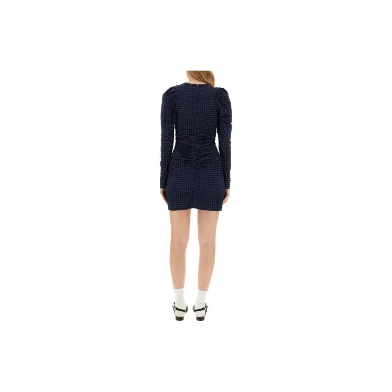 GANNI Gingham Printed Crewneck Seersucker Mini Dress-4