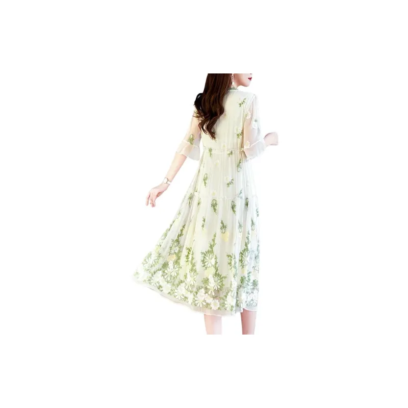 Yi Mengyuan Lace Up Silk Short Sleeved Dress Women's Green-4