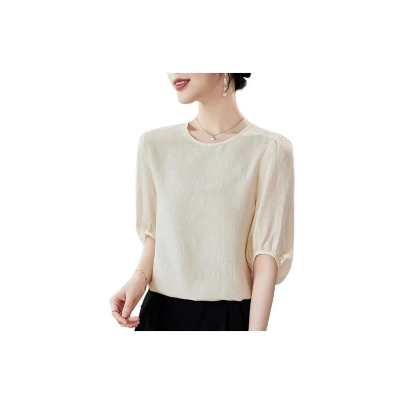 Yi Mengyuan Solid Color Crew Neck Slim Fit Elbow Length Sleeved Shirt Silk T shirt Women's-3