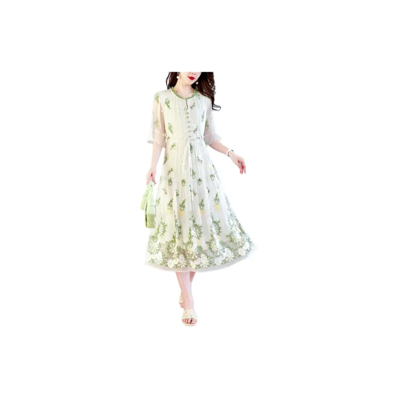 Yi Mengyuan Lace Up Silk Short Sleeved Dress Women's Green-1