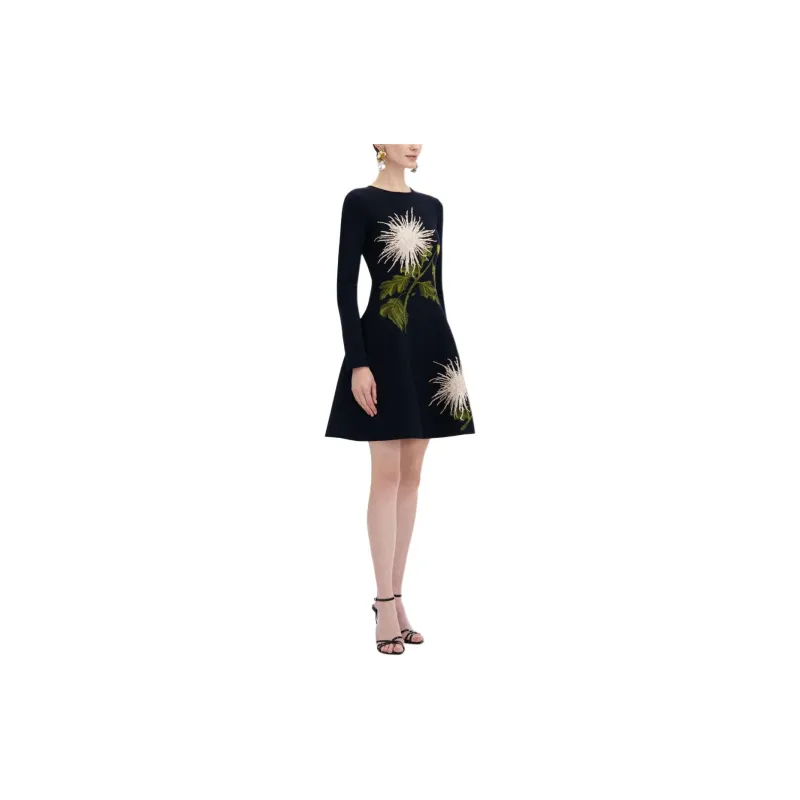 Oscar De La Renta Chrysanthemum Jacquard Long sleeved Dress-3