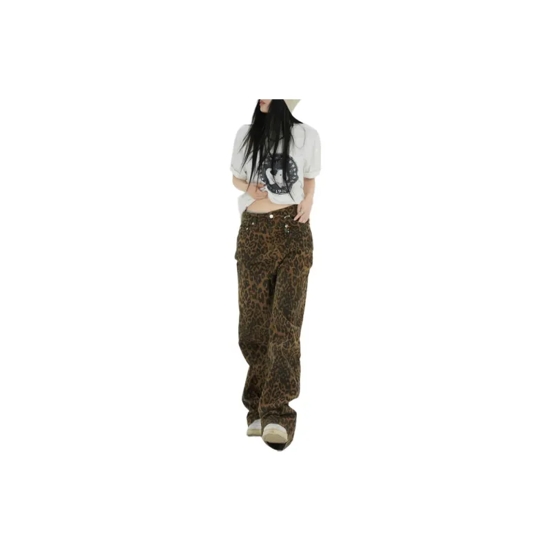 ZNZX Jeans Women's Coffee Brown Leopard Print-2