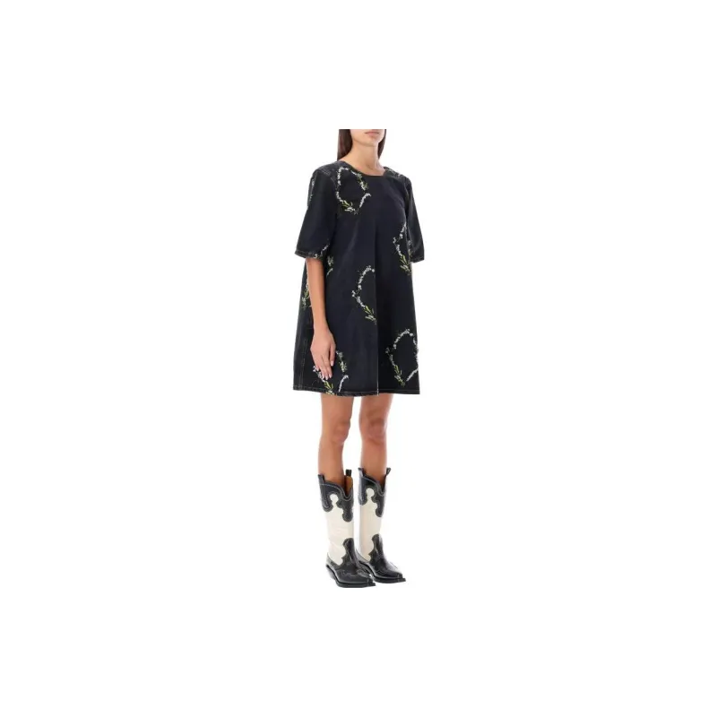 GANNI Embroidery Denim A Line Mini Dress 'Washed Black/Black'-3