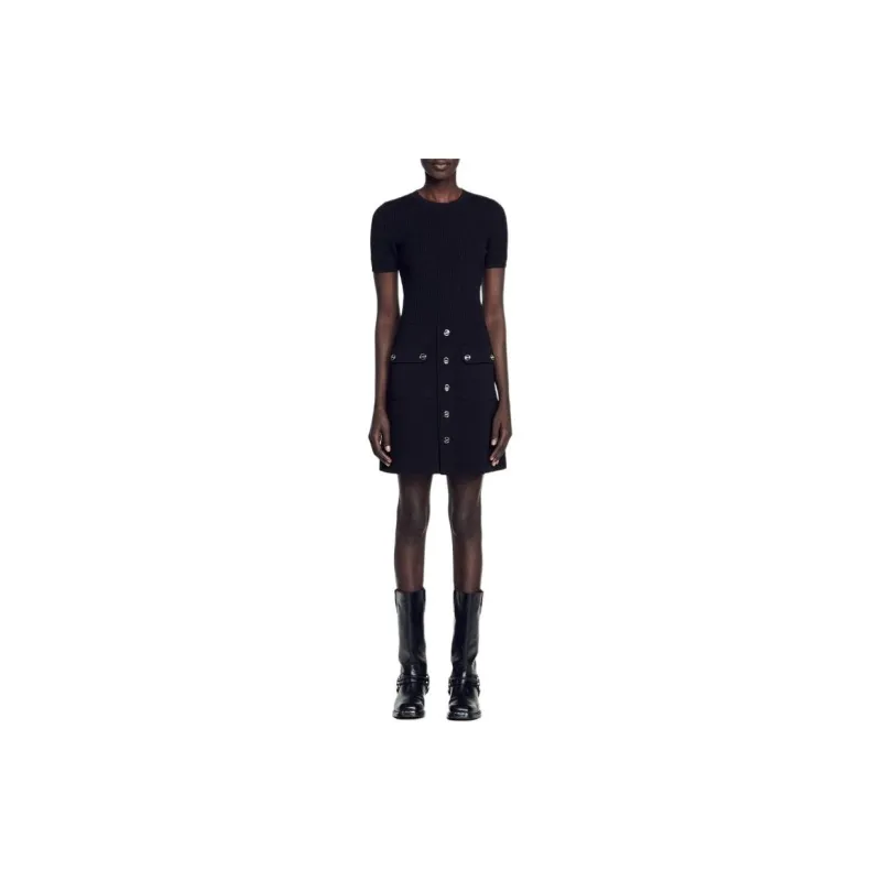 Sandro Ribbed-knit Button-embellished Minidress-1