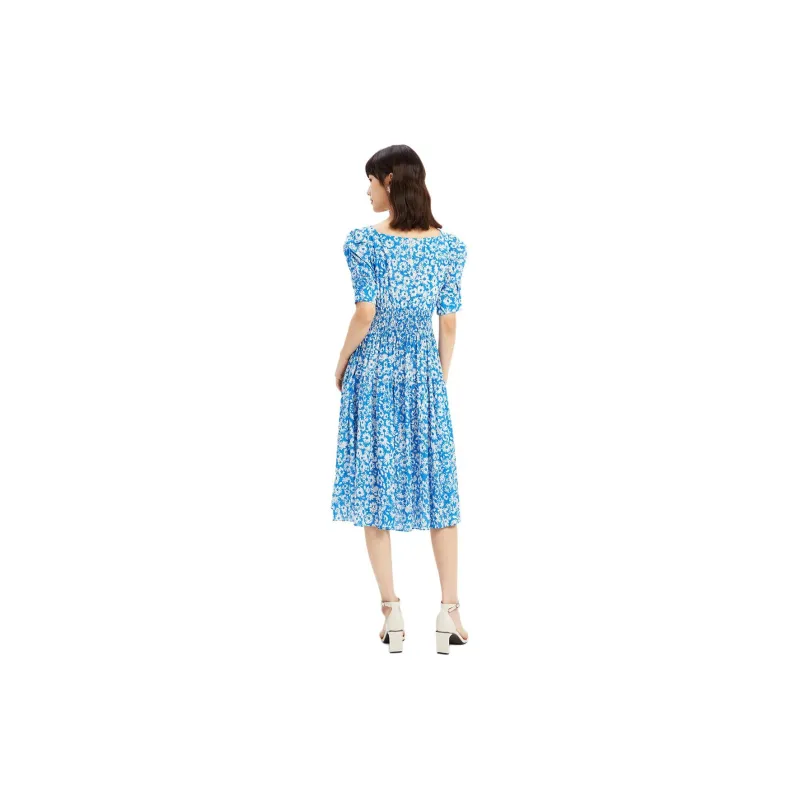 Hopeshow Short-Sleeved Dresses Women's Blue Background With Flowers-2