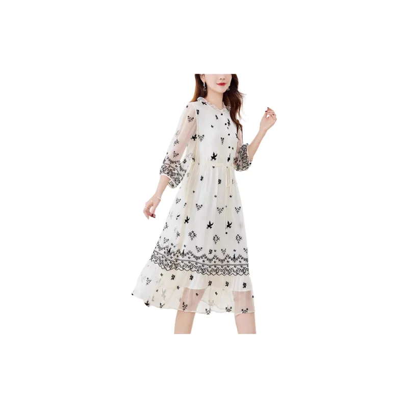 Yi Mengyuan Long Sleeved Dresses Women's Beige-3