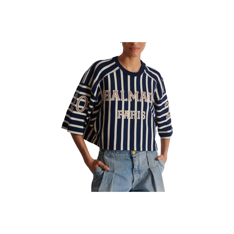 BALMAIN Striped Baseball T Shirt-5