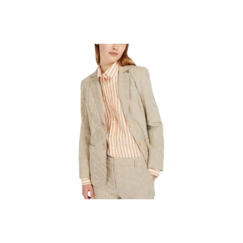 WEEKEND MaxMara Aletta Collection Cotton And Linen Seersucker Blazer Business Suit Women's Beige-4