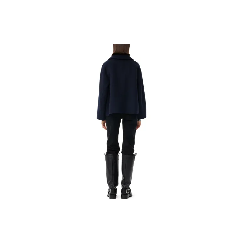 GANNI Blue Wool Wide Collar Jacket Jackets Coats Women's Marine Blue-2
