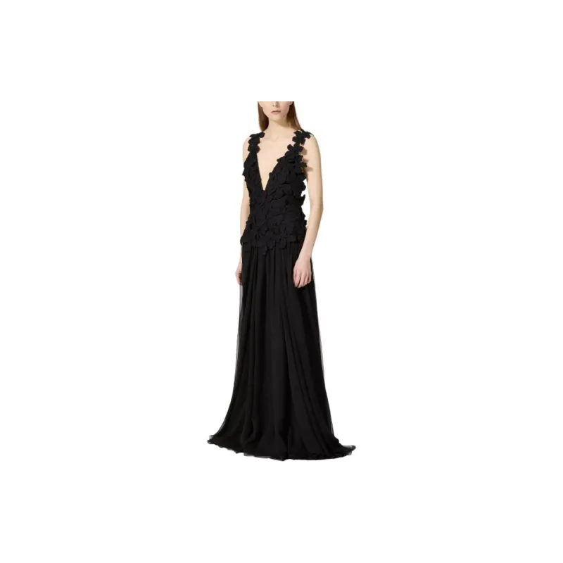 Valentino Embroidered Crepe Couture Long Dress Sleeveless Dress Women's Black-3