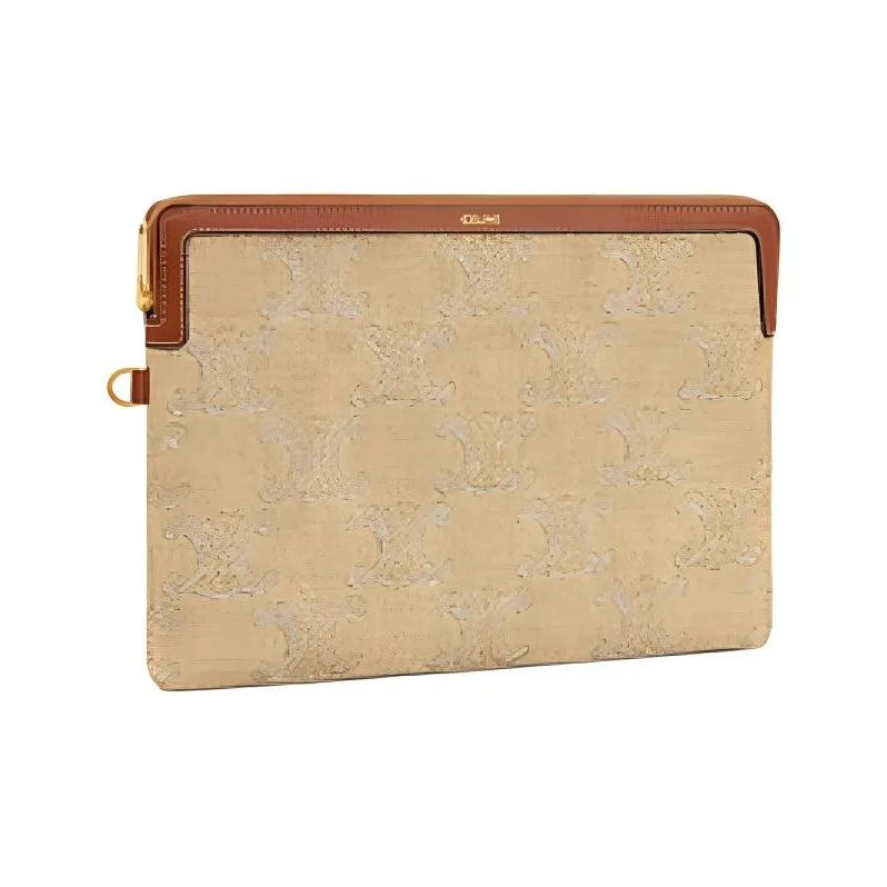 CELINE Triomphe Fabric With Calfskin Clutch Small Size Women's Natural & Silver-2