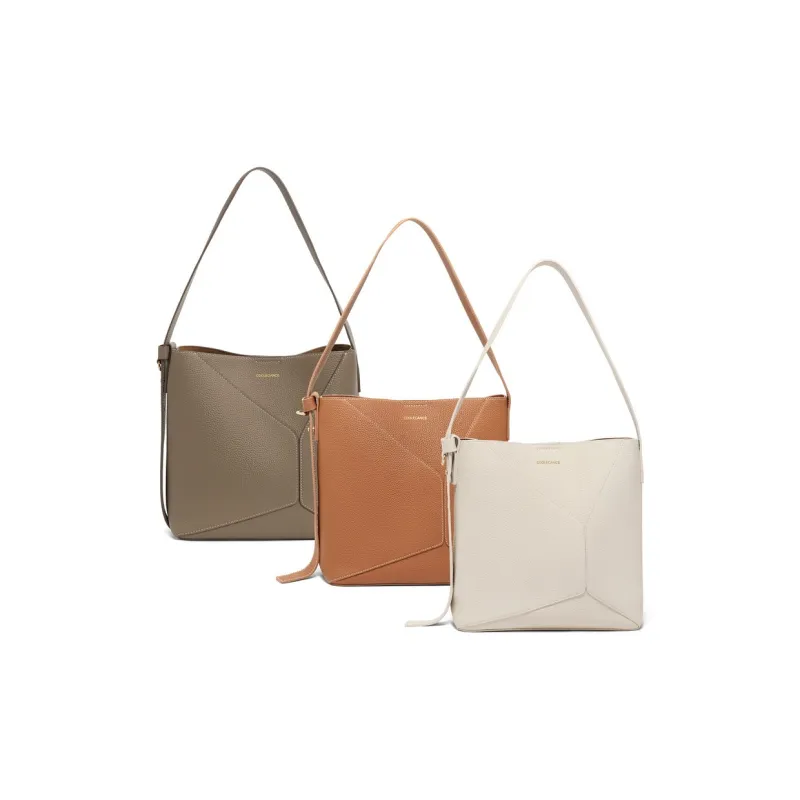 BELLE Genuine Leather Bucket Shoulder Bag Women's Ecru/Brown-13