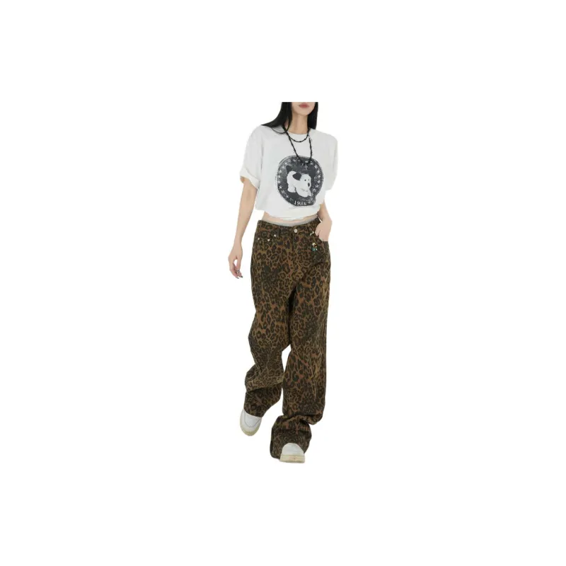 ZNZX Jeans Women's Coffee Brown Leopard Print-3