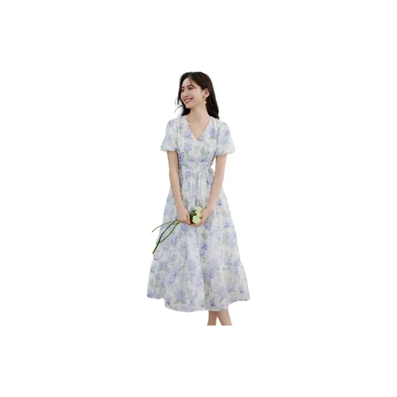 Hopeshow Short Sleeved Dress Women's Pink Purple Floral-2